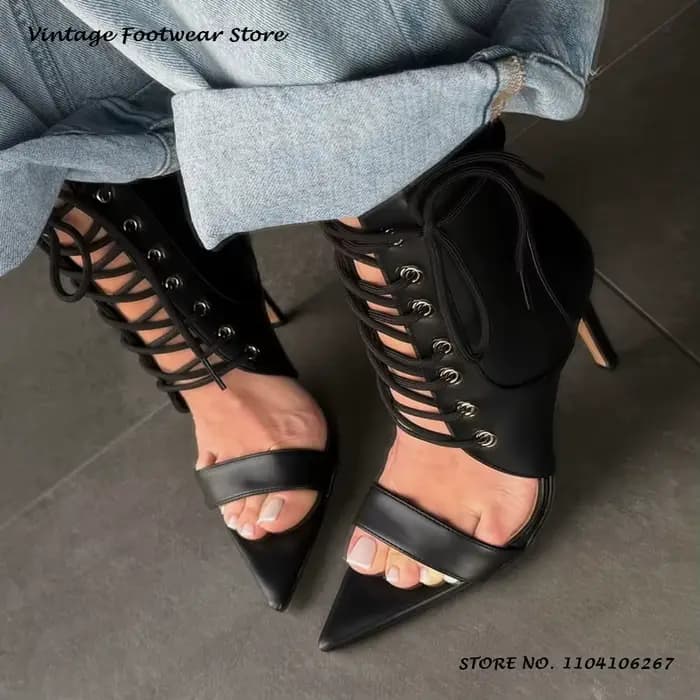 Sandales noires à lacets croisés, sexy, à bout pointu, talons fins, grandes tailles, chaussures pour