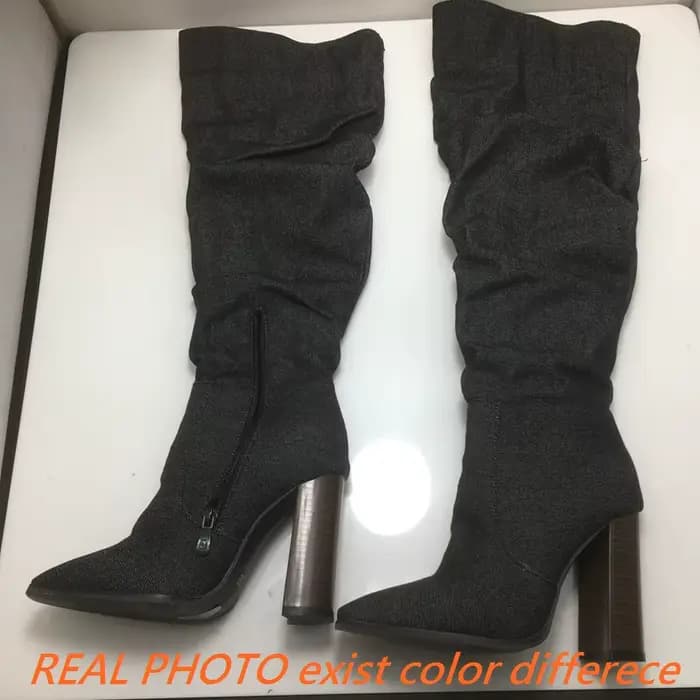 Girseaby femme cuissardes bout carré fermeture éclair plissé bloc talons grande taille 47 48 49 50 d