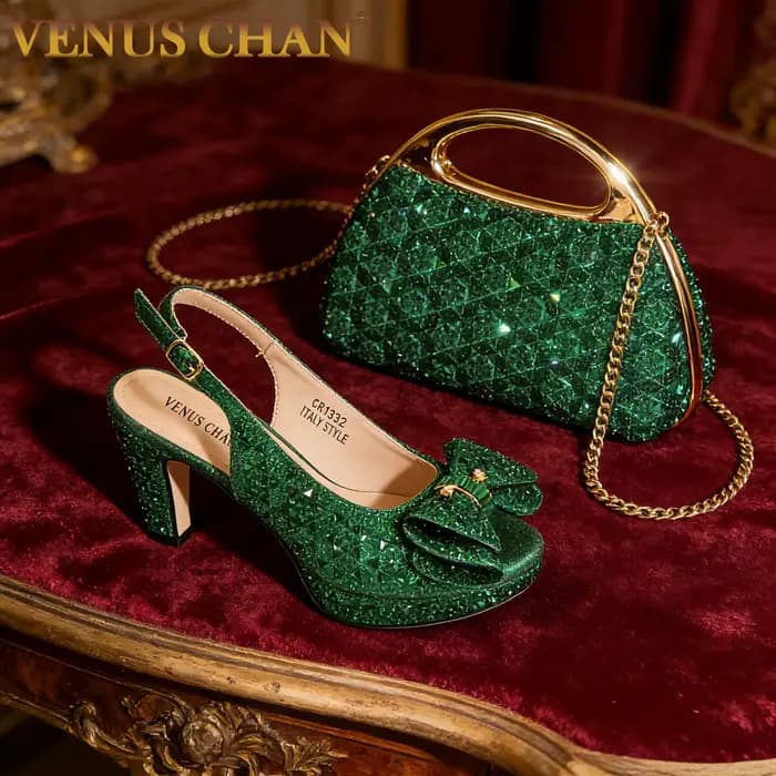 Sandales à talons hauts vertes chic avec strass et sac assorti élégant pour femmes, idéales pour les