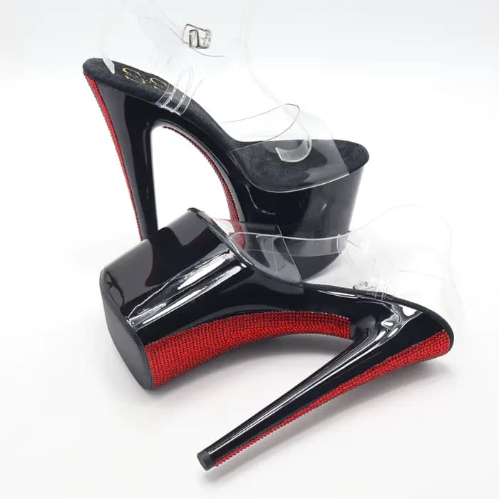 Talons aiguilles noirs brillants de 20CM avec cristal de vin, talons à plateforme recouverts de stra