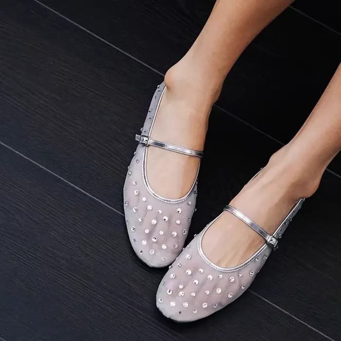 Ballerines Mary Jane en résille transparente pour femme, ornées de strass étincelants, élégantes, à