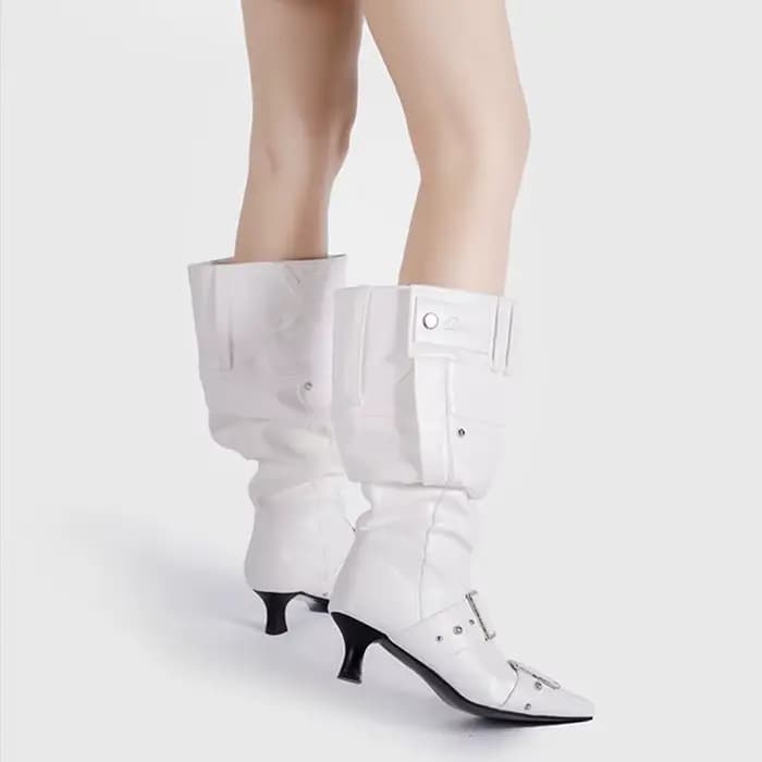 Bottes hautes en cuir verni pour femmes, chaussures à talons hauts, ceinture à bout pointu, strucMet