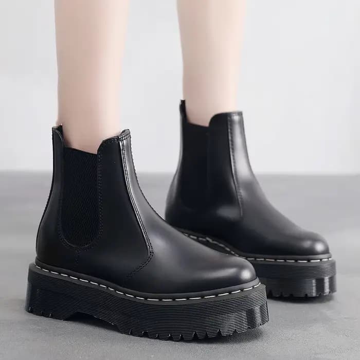 Bottes à plateforme en cuir véritable pour femmes, grande taille 35-45, bottines noires, chaussures