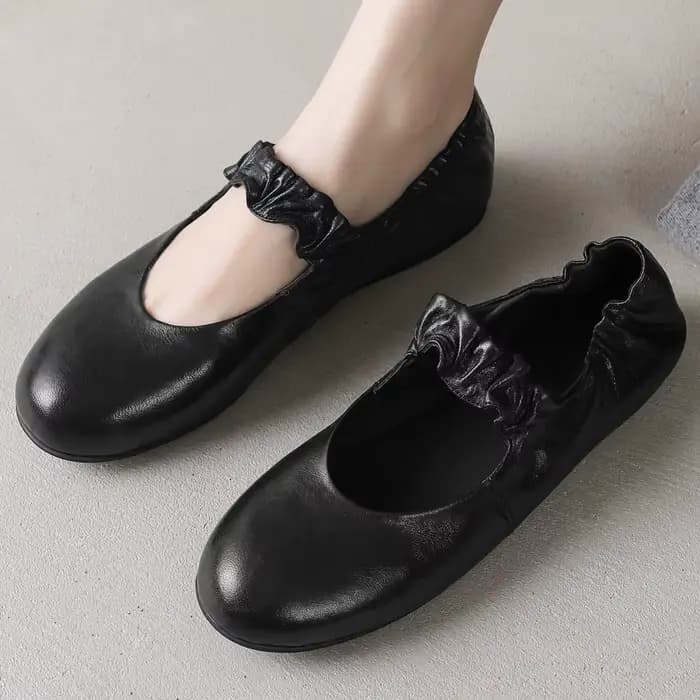 Ballerines à enfiler à bande étroite élastique en peau de mouton pour femmes, bout rond, ballerines