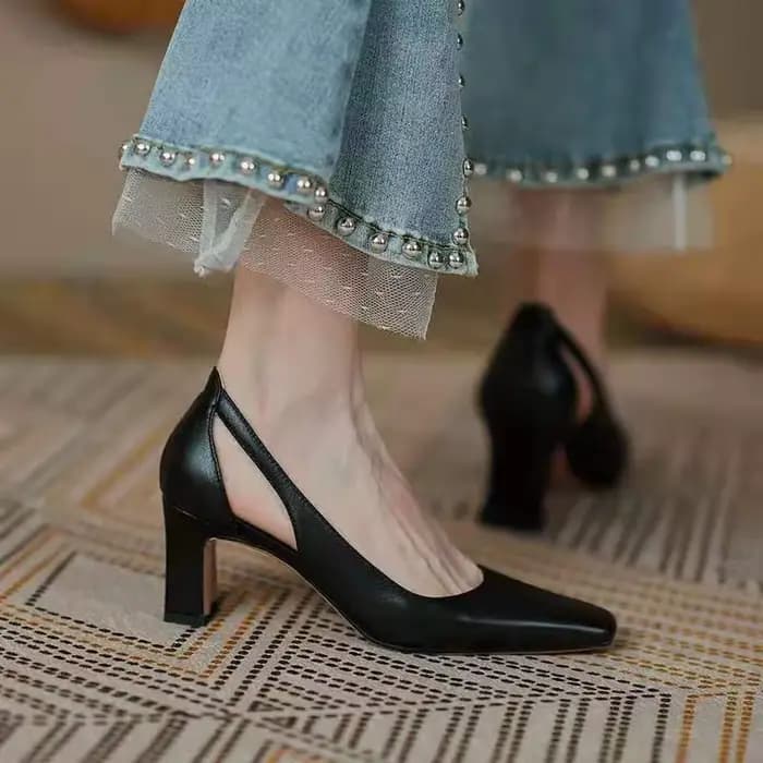 Escarpins à talons hauts pour femmes, chaussures à bout carré creux, chaussures rétro à enfiler, rob