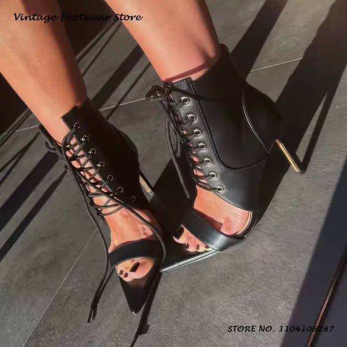 Sandales noires à lacets croisés, sexy, à bout pointu, talons fins, grandes tailles, chaussures pour
