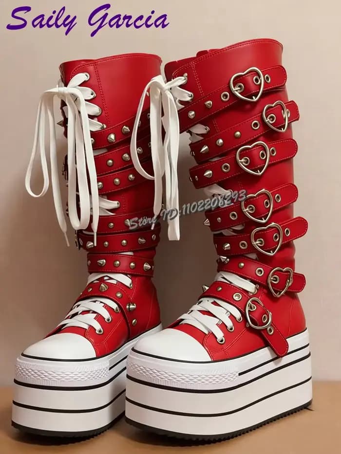 Bottes hautes en toile rose bonbon à boucle cœur, à pois, bout rond, à lacets croisés, style punk co