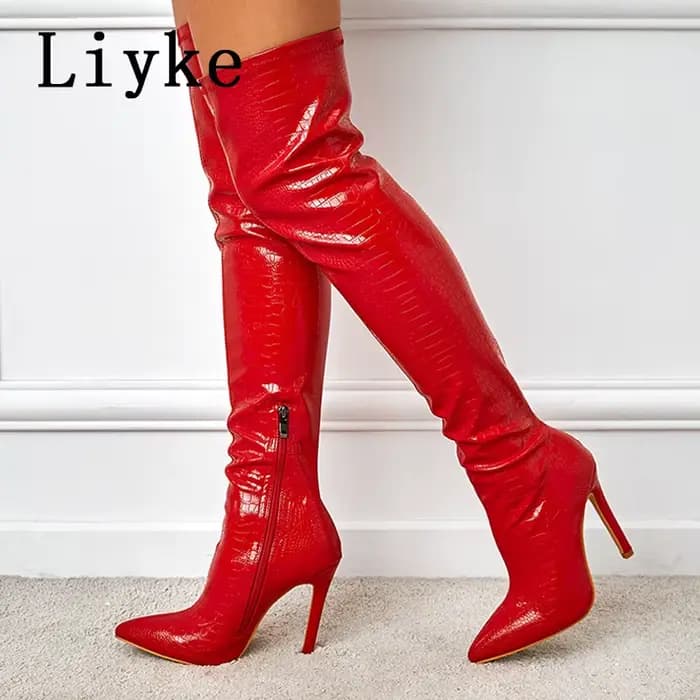Liyke – bottes en cuir imprimé serpent rouge Sexy pour femmes, au-dessus du genou, escarpins à talon