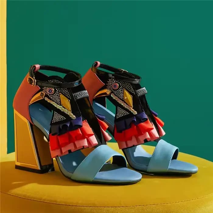 Sandales à Talons Épais et Strass pour Femme, Chaussures d'Été Assorties avec Ceinture, Nouvelle Col