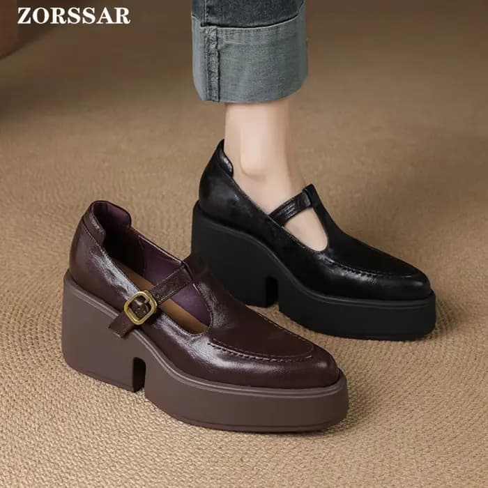 Escarpins à talons hauts et plateforme épaisse pour femmes, chaussures en cuir véritable à bout poin