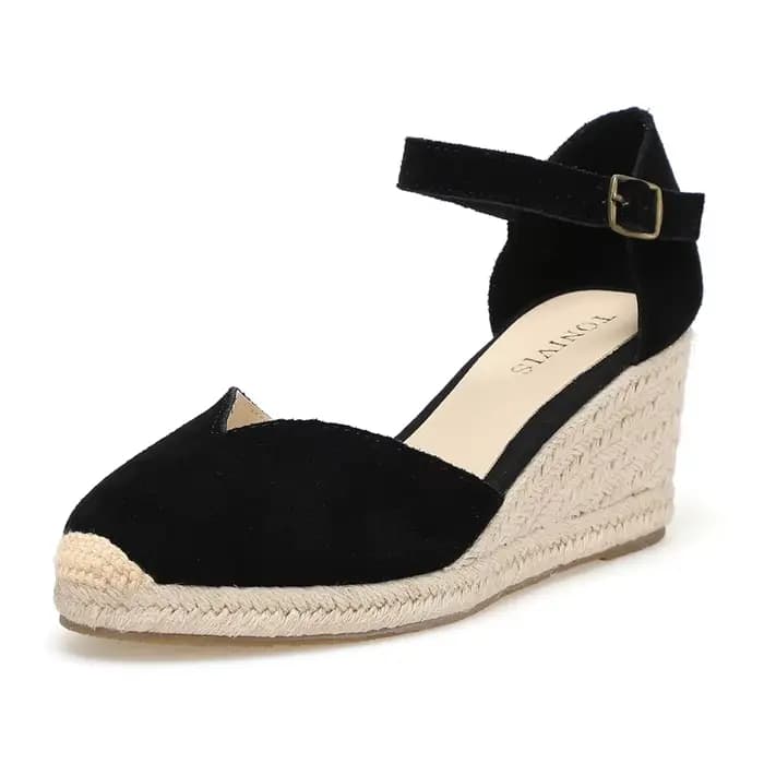 Chaussures à talons compensés Sandales pour femmes en cuir véritable avec enveloppe de cheville et 5