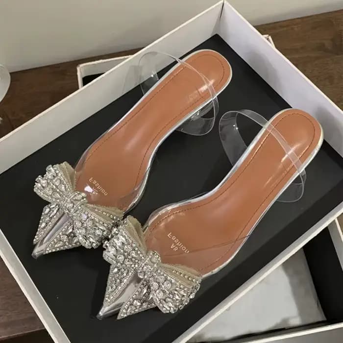 Liyke 2026 printemps Sexy Slingback chaussures femmes Mules sandales mode cristal diamant nœud papil