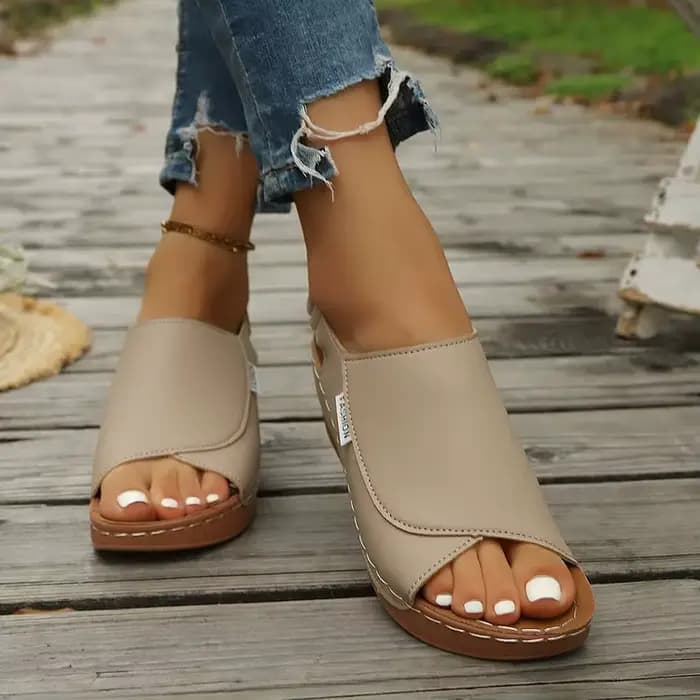 Sandales compensées confortables pour femmes, en cuir PU, à bout ouvert, à enfiler, plateforme décon
