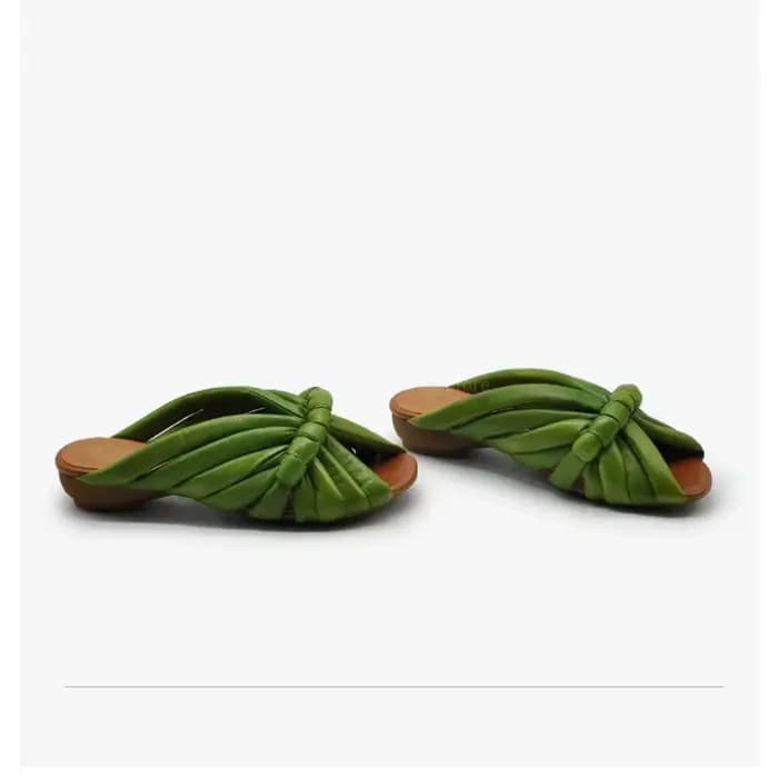 Sandales mules à nœud froncé pour femme, en cuir souple, à bout ouvert, à talon bas, beige et vert,