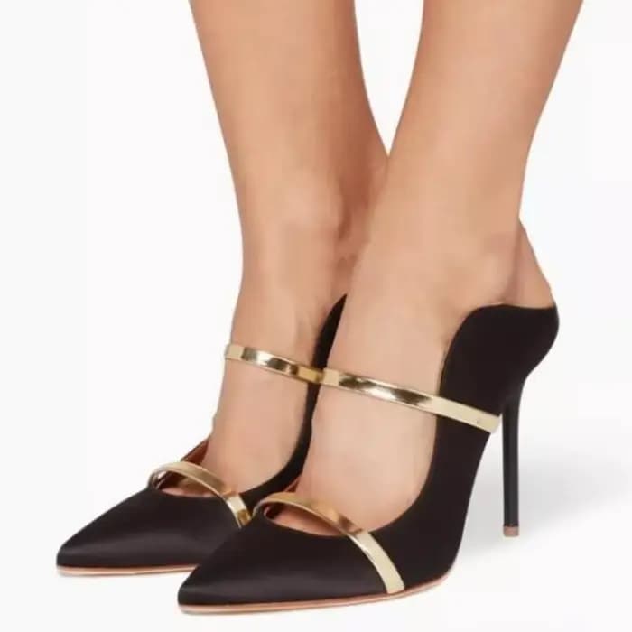 Mules à talons hauts et fins à bout pointu pour femmes, avec bride métallique, talon aiguille, en ve