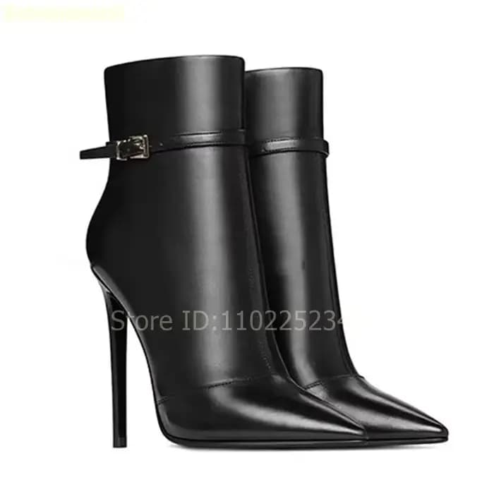Bottines en cuir noir pour femmes, fermeture éclair latérale, bout pointu, talons aiguilles, simples