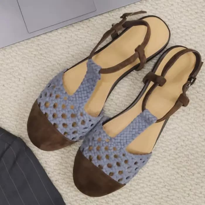 Sandales plates confortables à bout rond et tressées pour femmes, sandales romaines à bride en T et