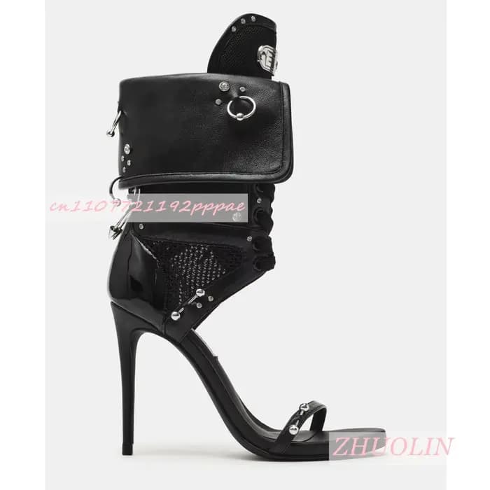 Nouvelles sandales bottes d'été 2026 noires à clous pour femme, à talon aiguille, bout rond, à lacet