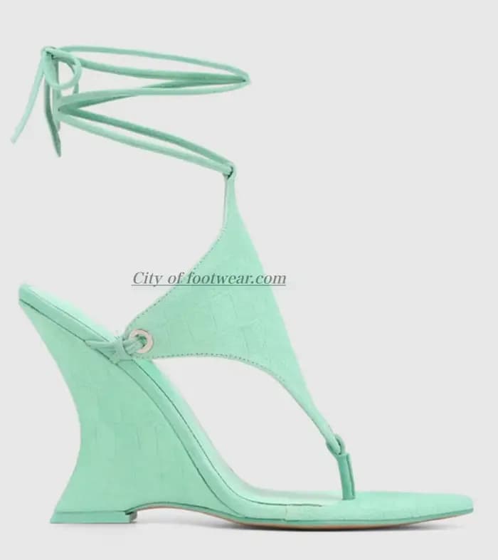 Sandales compensées en cuir vert sexy à lacets pour femme, nouvelle collection été, talons hauts bla