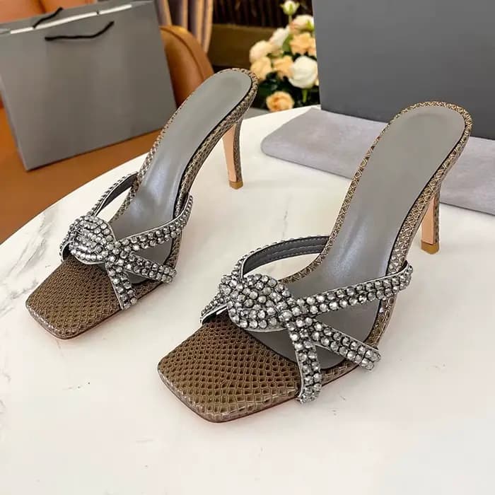 Pantoufles fines à talons hauts et bout carré pour femmes, sandales à strass scintillants, chaussure