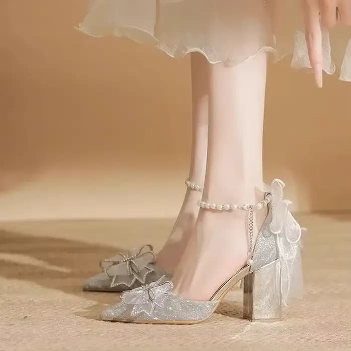 Sandales creuses argentées à talons hauts, avec nœud en perles, robe de mariée de remise de diplôme,