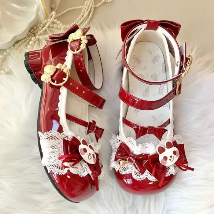 Jolies chaussures Lolita Mary Jane à talons avec nœuds lapin, dentelle et clochettes pour cosplay et