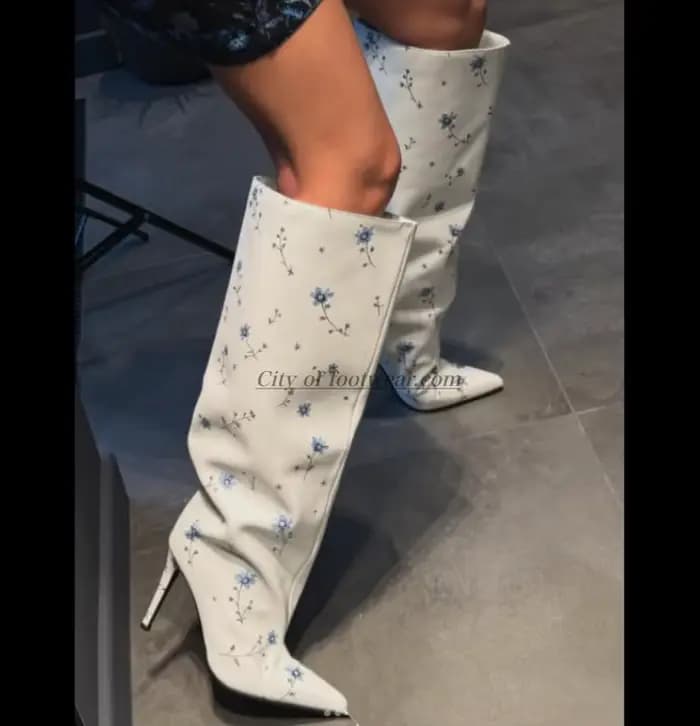 Bottes hautes en cuir marron/noir sexy pour femmes, à enfiler, imprimé fleurs bleues, bout pointu, t