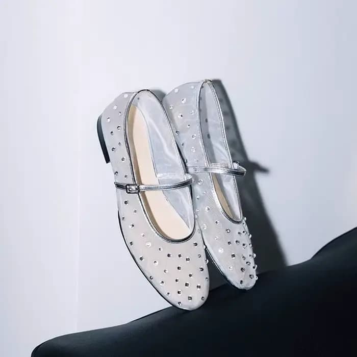 Ballerines Mary Jane en résille transparente pour femme, ornées de strass étincelants, élégantes, à
