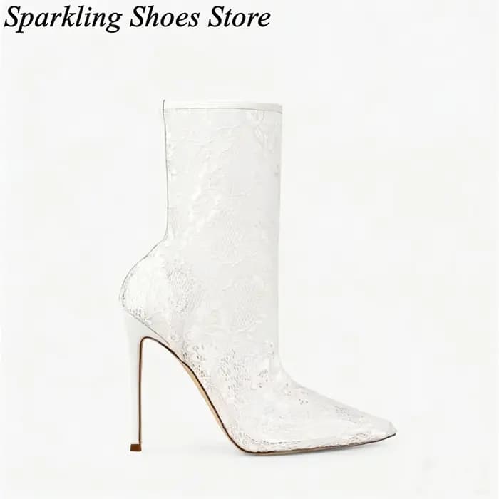 Bottes d'été sexy roses en dentelle et résille, à bout pointu, mi-mollet, talons hauts, décor floral