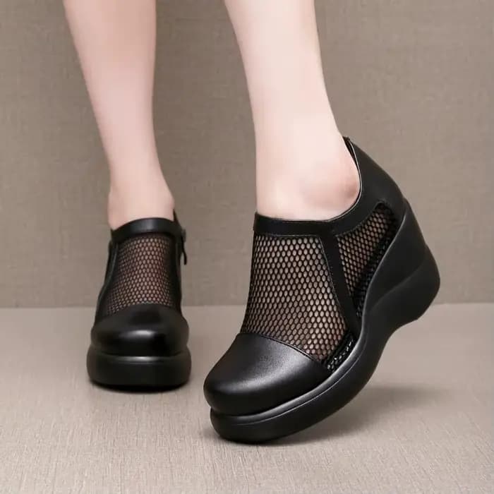 Nouvelles sandales compensées respirantes en maille pour femme, style bottines d'été ajourées à talo