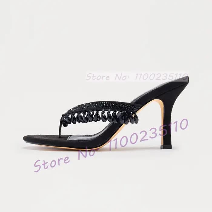 Mules à talons hauts pour femme, style Crystal Drop Heels, avec pendentif scintillant et perles, élé