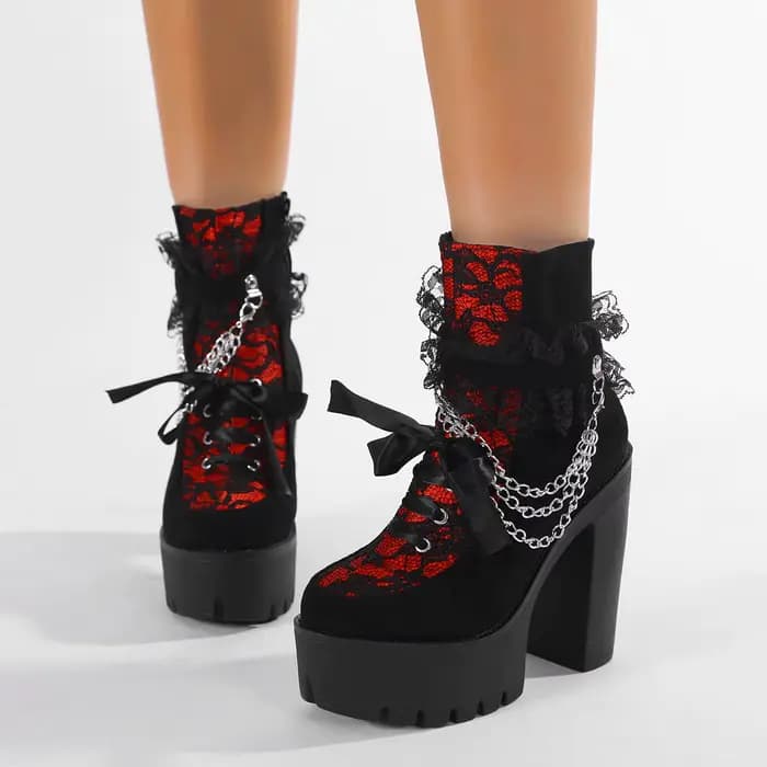Gdgydh-Bottes gothiques vintage pour femmes, bottes de rinçage en dentelle, talon épais, fermeture à