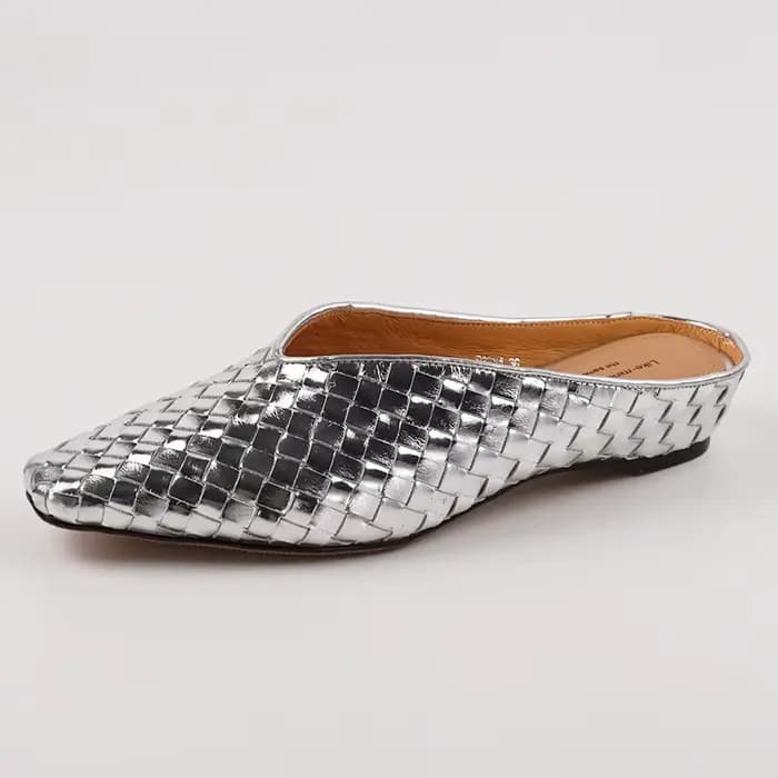 Mules de luxe Ods Gold Silver, pantoufles tissées, bout carré, talon plat, design à enfiler, chaussu