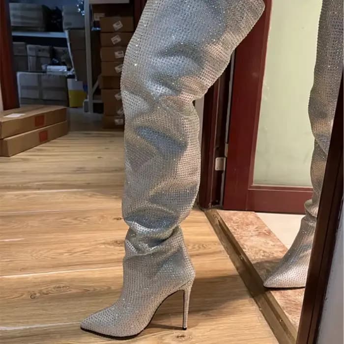 Cuissardes brillantes argentées pour femmes, tout diamant, talon fin, modèle pointu sexy, mode autom