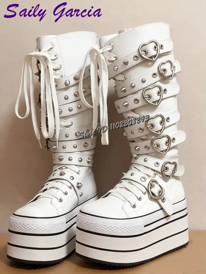Bottes hautes en toile rose bonbon à boucle cœur, à pois, bout rond, à lacets croisés, style punk co