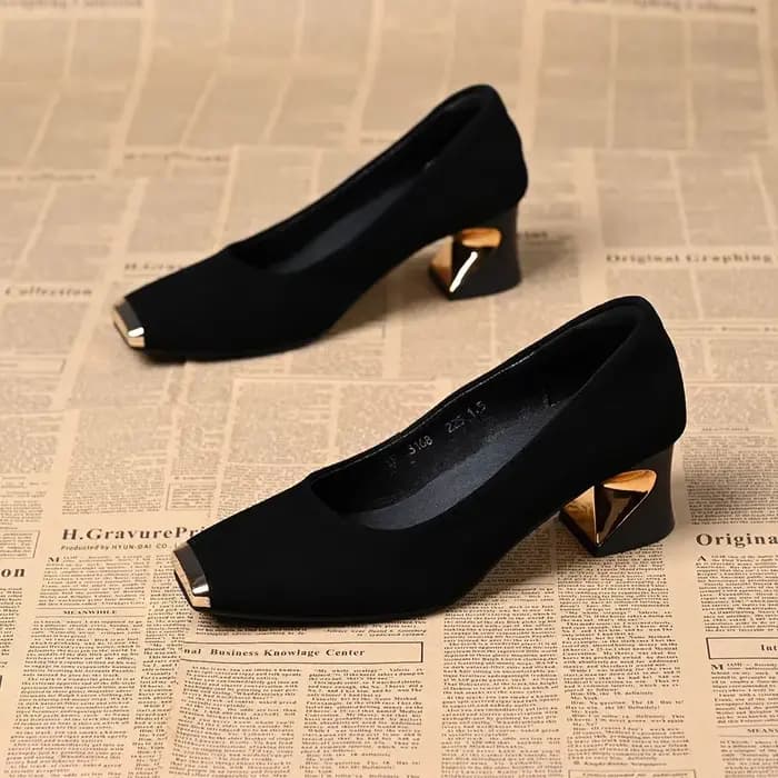 Chaussures à talons carrés en daim noir pour femmes, chaussures confortables à bout rond, à la mode,