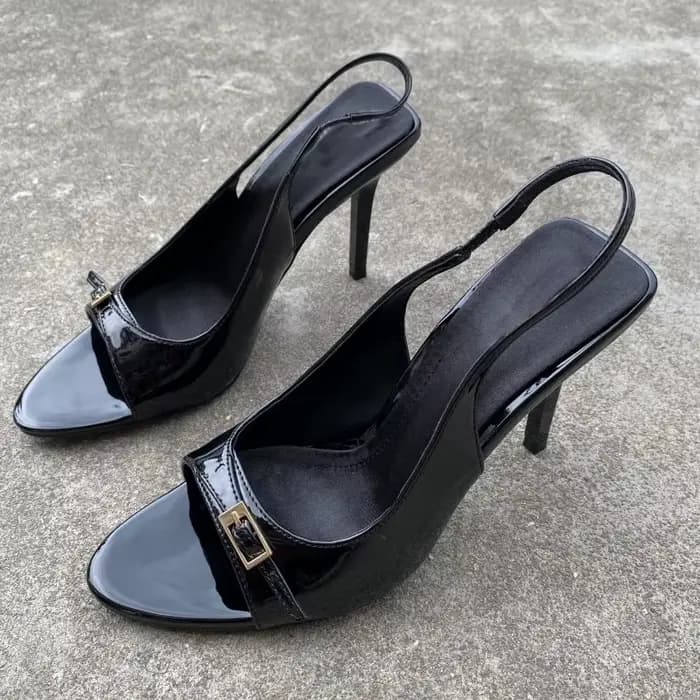 Luxe rouge en cuir verni talons hauts femmes boucle en métal conception Sexy bout ouvert dos nu conc
