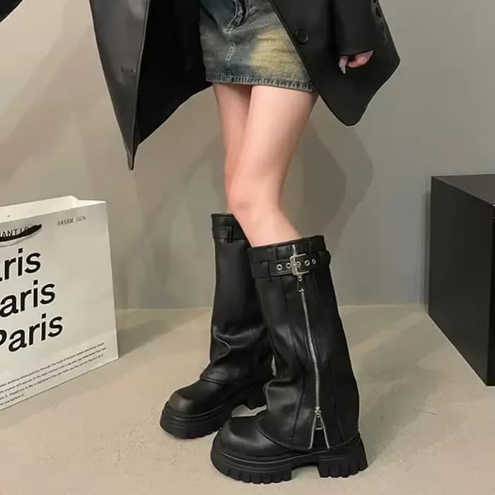 Hiver femmes Biker bottes mode ceinture boucle dames élégant plate-forme longue tuyau chaussons déco
