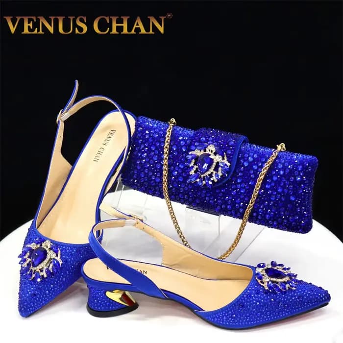 Venus Chan-Sandales Bleu Royal pour Femme, Escarpins de Luxe, Talons Temporels, Design Strass, Ensem