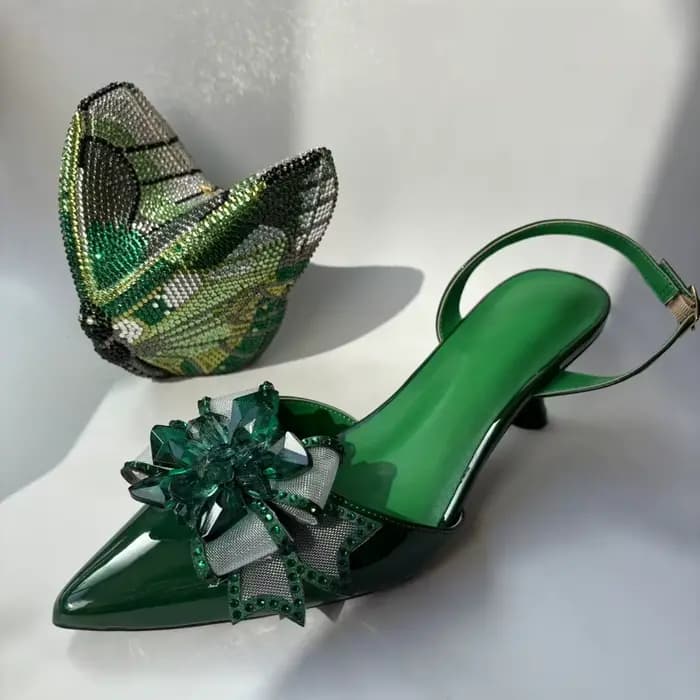 LNATISNOVA Sandales à talons aiguilles vertes en cristal pour femme - Sandales à talons aiguilles à