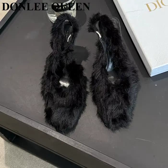 Sandales pointues à bride arrière pour femmes, chaussures à talons hauts, conception de fourrure à e