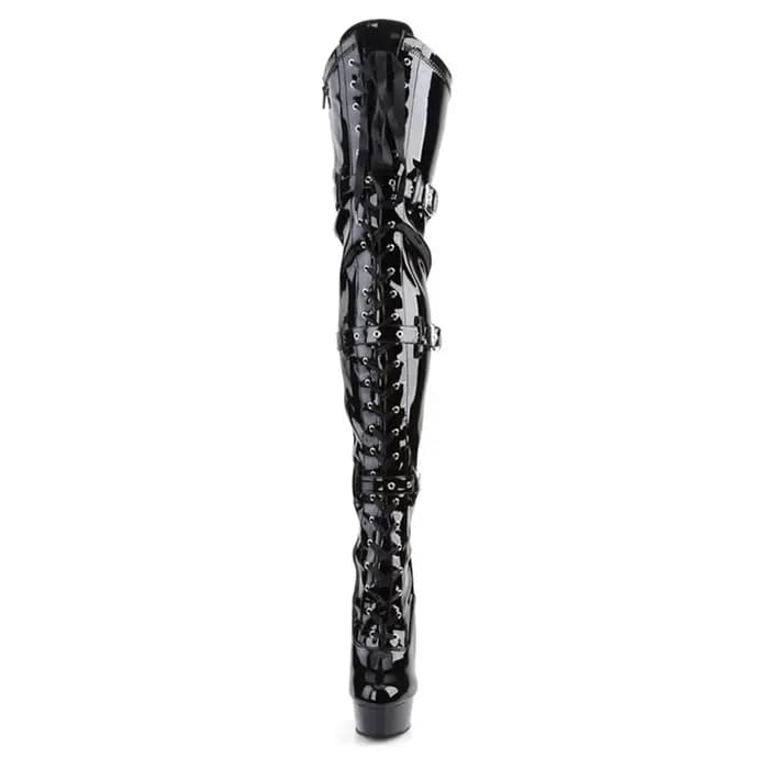 Bottines sexy en cuir verni noir, à hauteur de cuisse, avec fermeture éclair latérale, talons hauts