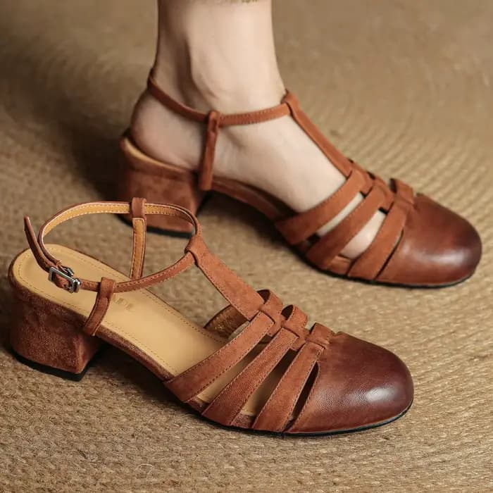 Danxuefei femmes en cuir de vache bande étroite tressé t-strap sandales 5 cm d'épaisseur med talon d