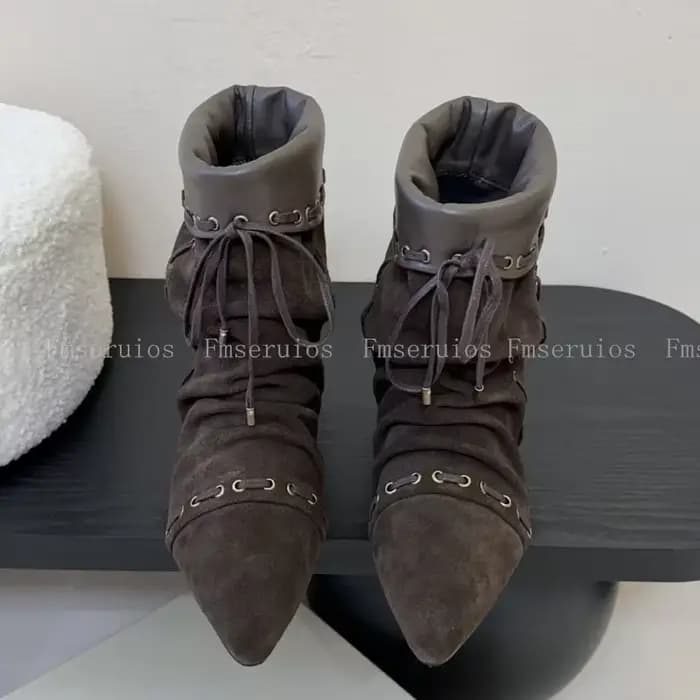 Femmes mi-mollet bottes Style de mode bout pointu plat bottines en cuir à lacets larges bretelles él