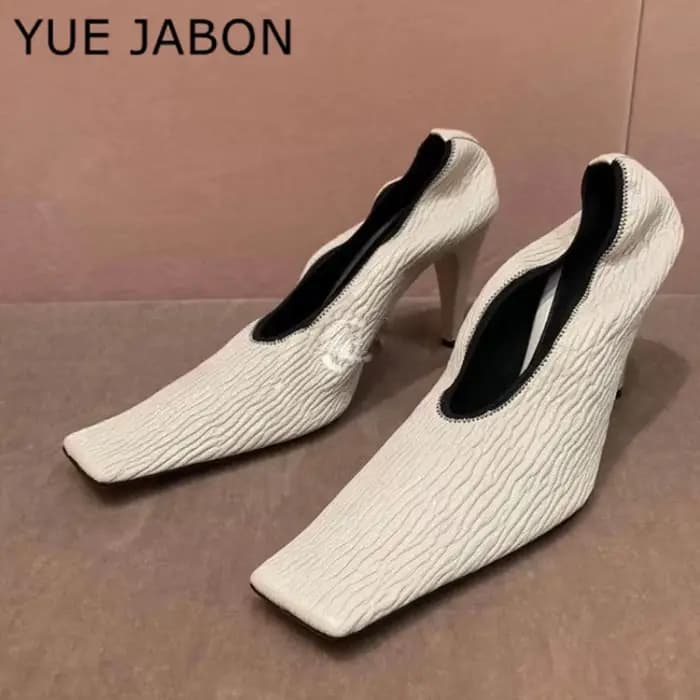 Escarpins à tête carrée noire pour femmes, imprimé zèbre, en cuir souple plissé, élastique, talon ha