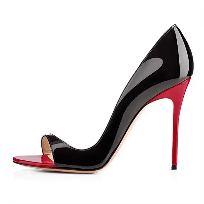 Chaussures sexy en cuir verni noir et doublure rouge de 12cm, talons super hauts à bouche peu profon