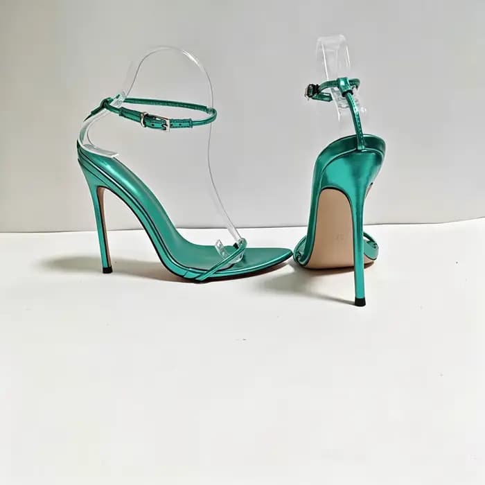 Sandales à talons aiguilles vert métallisé pour femme avec bride cheville - Talons hauts à bout poin