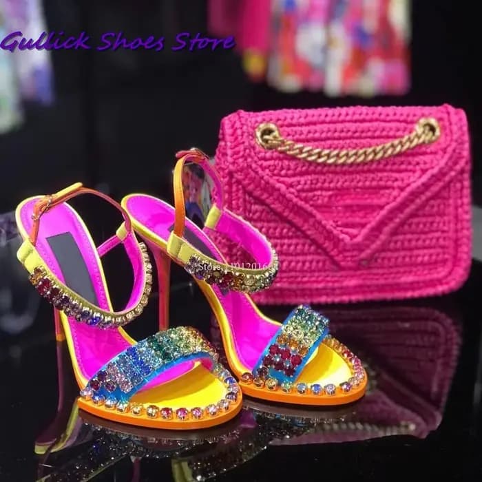Sandales scintillantes en cristal coloré pour femmes, chaussures à talons hauts, pantoufle à une san