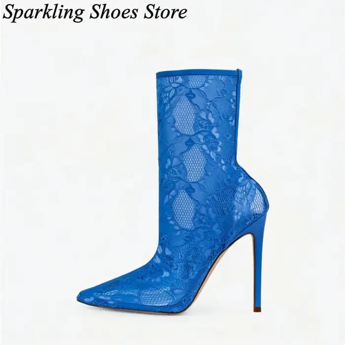 Bottes d'été sexy roses en dentelle et résille, à bout pointu, mi-mollet, talons hauts, décor floral