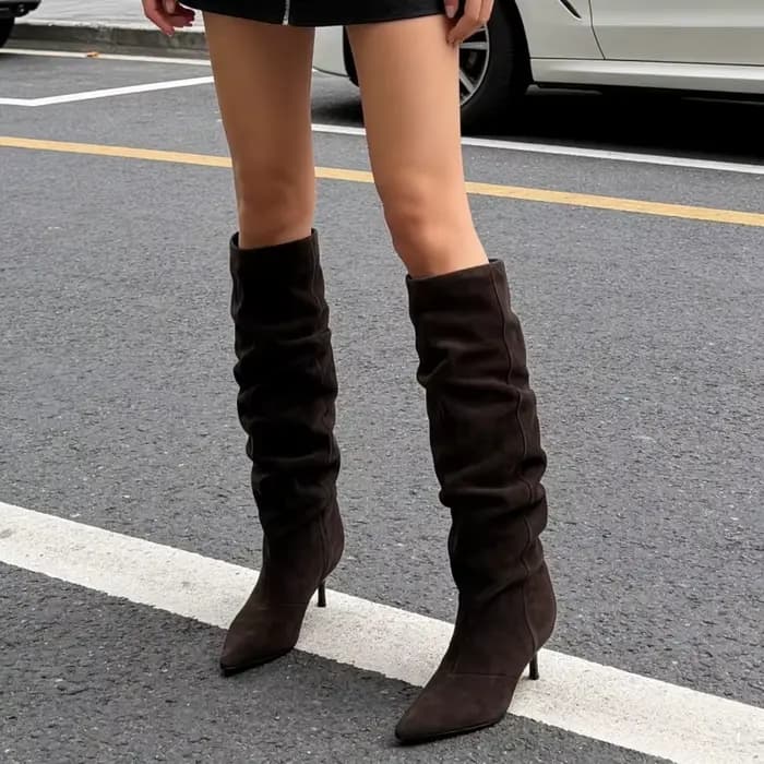 Haute qualité Faux daim bottes femmes mode bout pointu chaton talon conception bottes automne Vintag